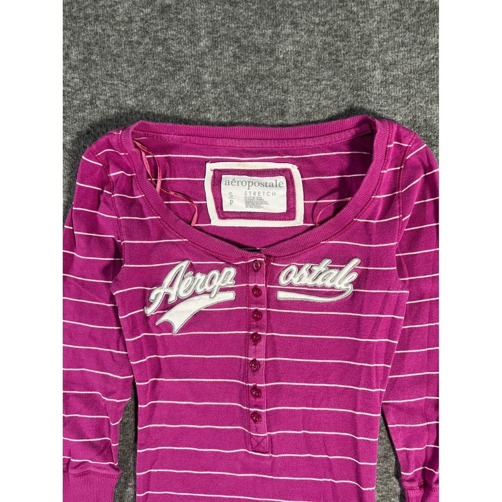 VTG Aeropostale Pink Striped Waffle Knit Henley Top Long Sleeve Y2K Logo Small - Picture 2 of 4